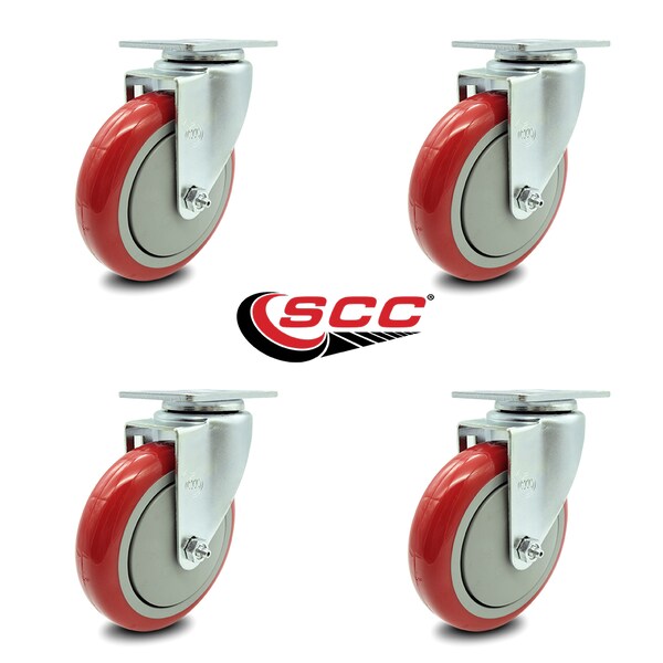 5 Inch Red Polyurethane Wheel Swivel Top Plate Caster Set